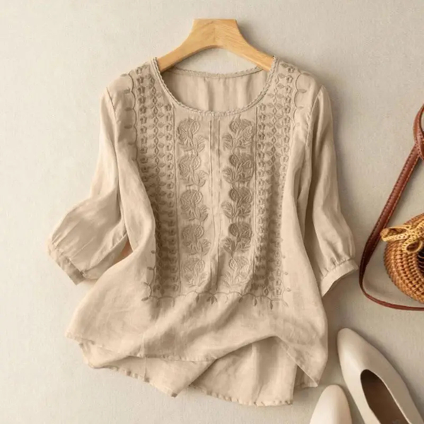 Women's Round Neck Blouse with Relaxed Fit and 3/4 Sleeves