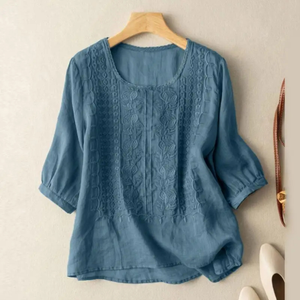 Women's Round Neck Blouse with Relaxed Fit and 3/4 Sleeves