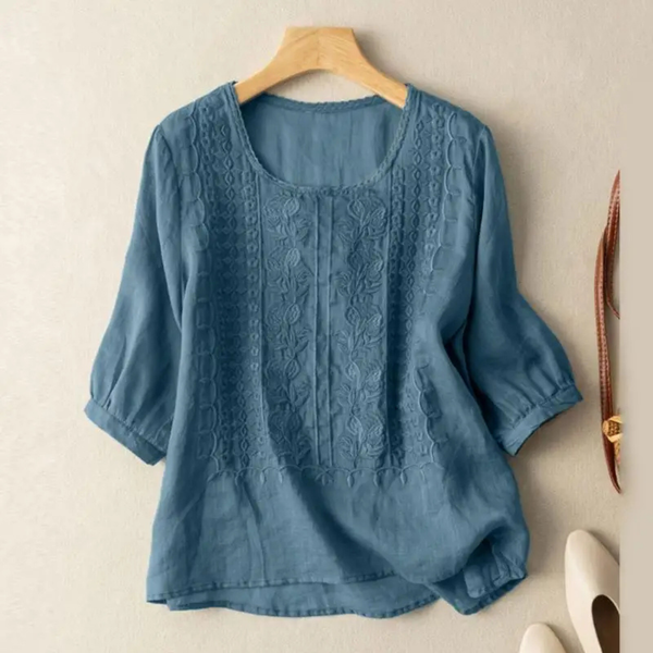 Women's Round Neck Blouse with Relaxed Fit and 3/4 Sleeves