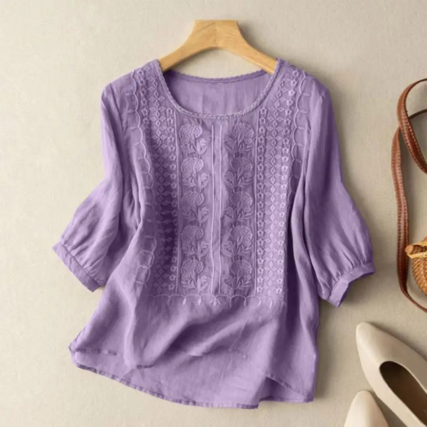 Women's Round Neck Blouse with Relaxed Fit and 3/4 Sleeves