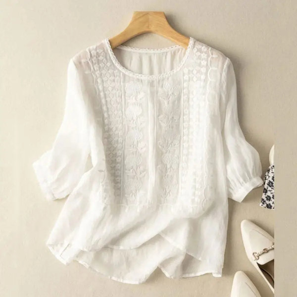 Women's Round Neck Blouse with Relaxed Fit and 3/4 Sleeves