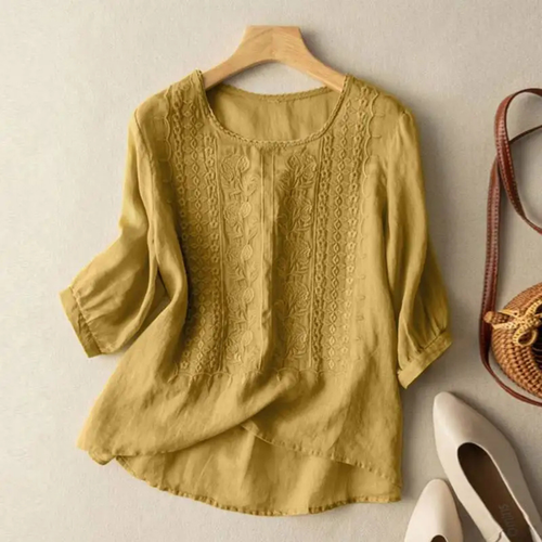 Women's Round Neck Blouse with Relaxed Fit and 3/4 Sleeves