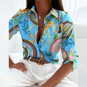 Women's Geometric Print Button-Down Blouse with Collared Neckline