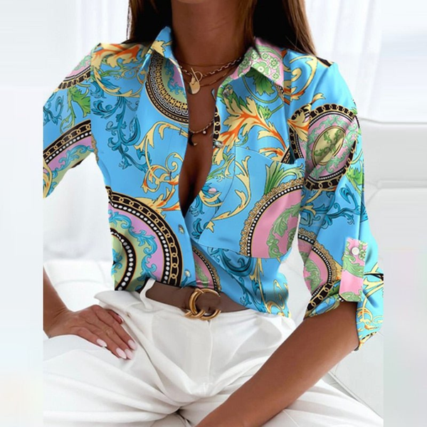 Women's Geometric Print Button-Down Blouse with Collared Neckline