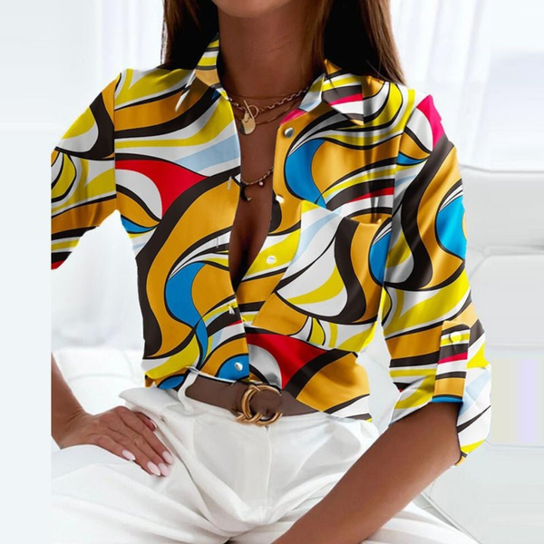 Women's Geometric Print Button-Down Blouse with Collared Neckline