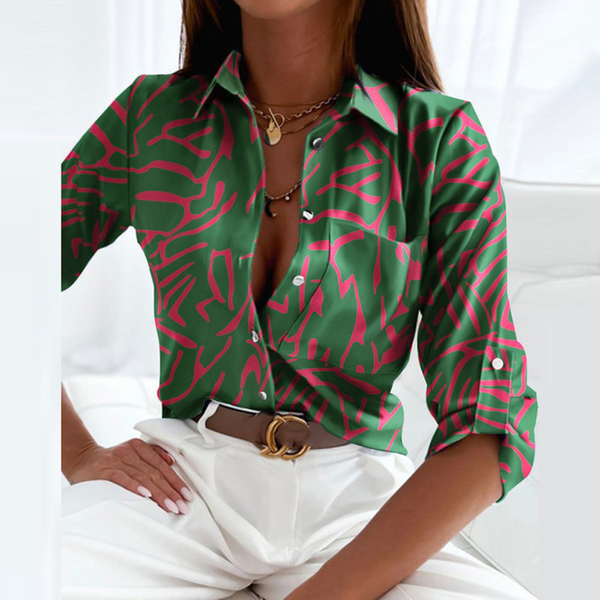 Women's Geometric Print Button-Down Blouse with Collared Neckline
