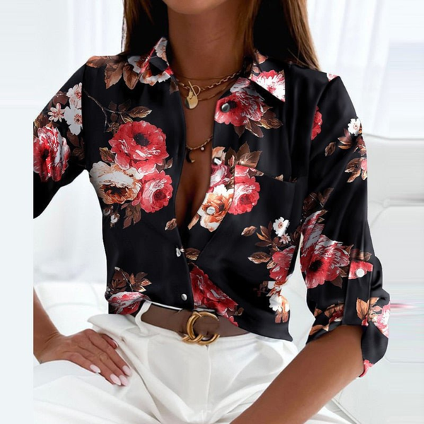 Women's Geometric Print Button-Down Blouse with Collared Neckline