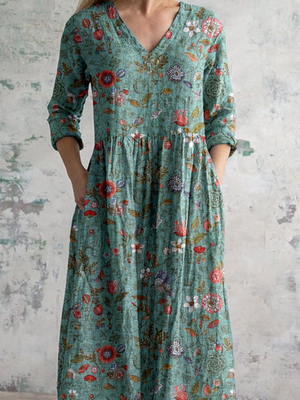 Women's Vintage Floral V-Neck Maxi Dress with Relaxed Flowing Silhouette