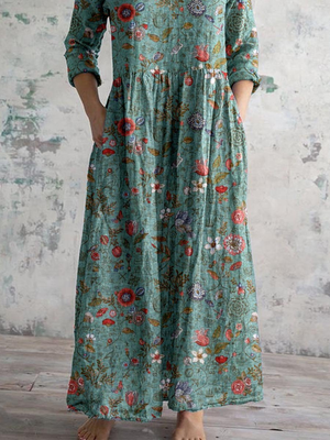Women's Vintage Floral V-Neck Maxi Dress with Relaxed Flowing Silhouette