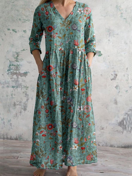 Women's Vintage Floral V-Neck Maxi Dress with Relaxed Flowing Silhouette