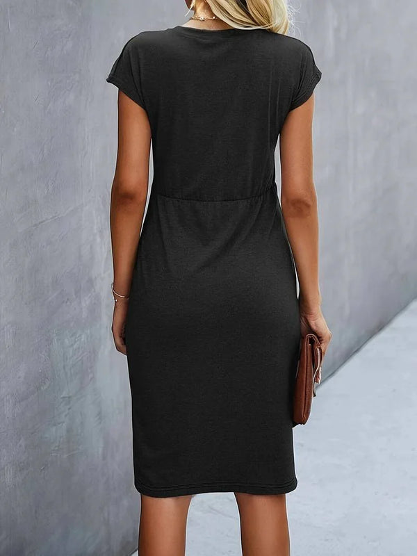 Elegant Black Midi Dress With Twisted Front