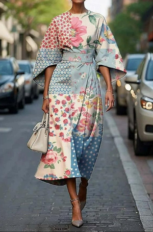Women's Floral Embroidered Midi Dress with Elegant Wrap Waist Detail