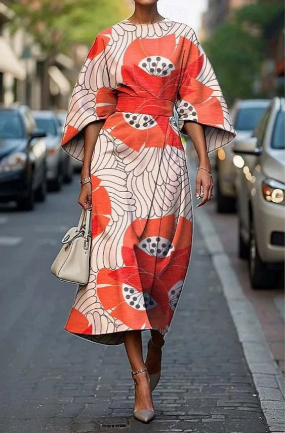 Women's Floral Embroidered Midi Dress with Elegant Wrap Waist Detail