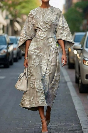 Women's Floral Embroidered Midi Dress with Elegant Wrap Waist Detail