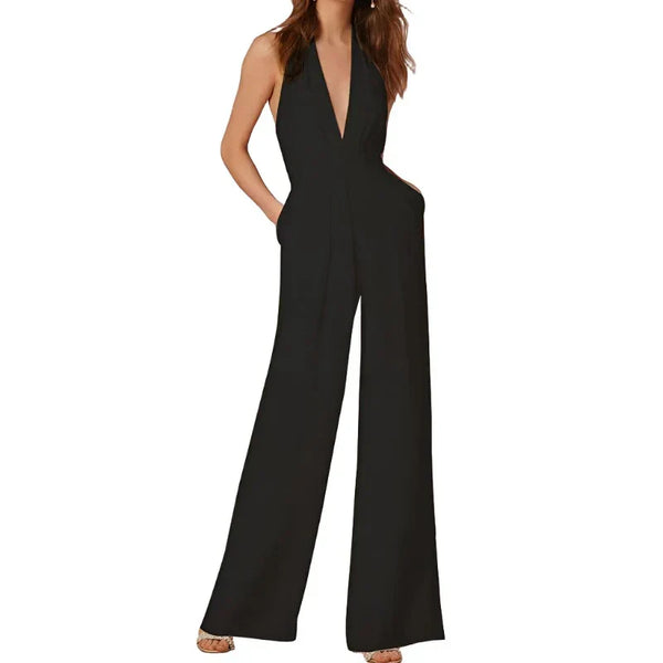 Women's Tailored Belted Jumpsuit with V-Neck Silhouette