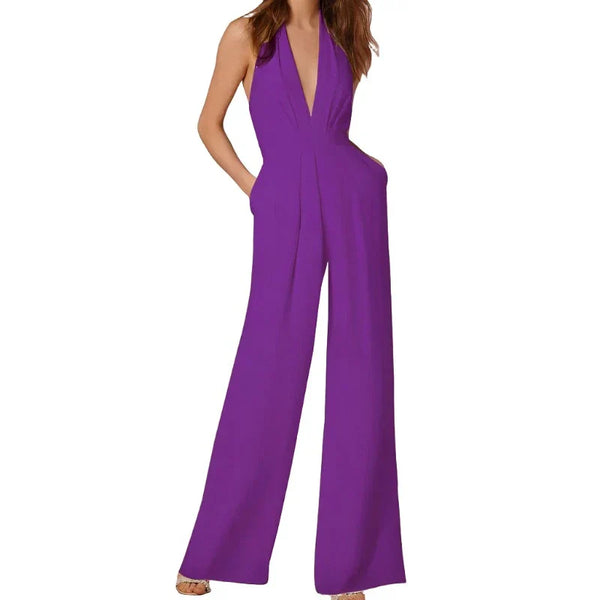 Women's Tailored Belted Jumpsuit with V-Neck Silhouette