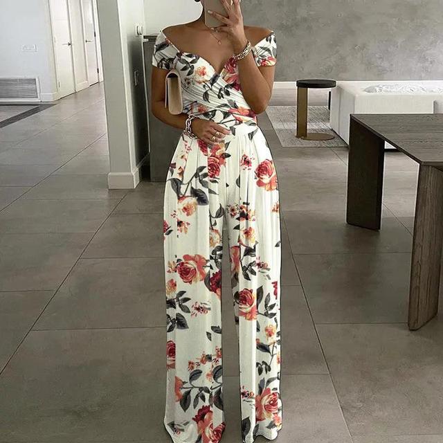 Mono floral de pierna ancha con hombros descubiertos para mujer