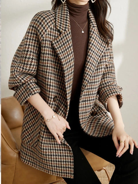 Women’s Oversized Plaid Coat with Double Breasted Design