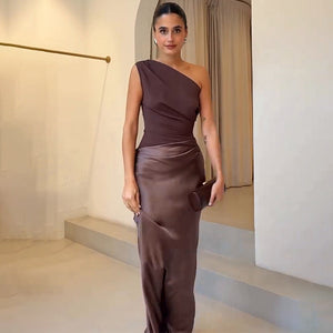 Women's One-Shoulder Flowing Satin Maxi Dress