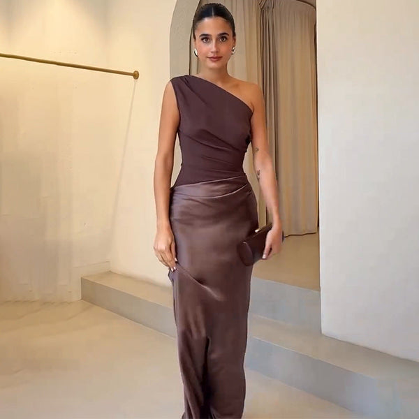 Women's One-Shoulder Flowing Satin Maxi Dress