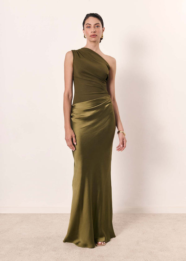 Women's One-Shoulder Flowing Satin Maxi Dress