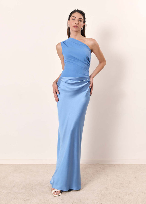 Women's One-Shoulder Flowing Satin Maxi Dress