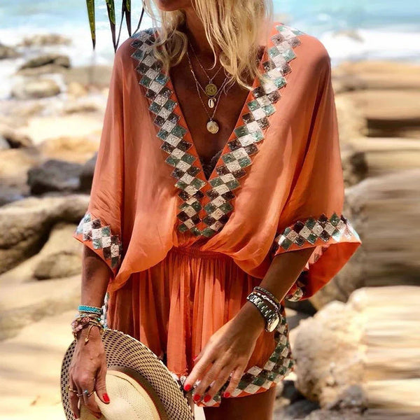 Stylish V-Neck Printed Trim Loose Short Jumpsuit