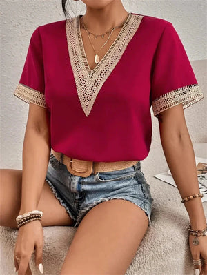 Elegant Short Sleeve Lace V-Neck Blouse