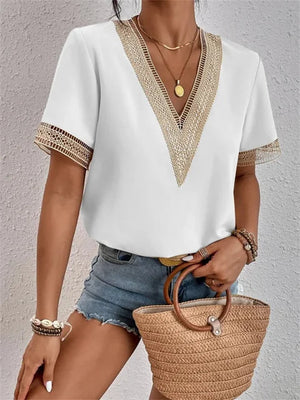 Elegant Short Sleeve Lace V-Neck Blouse