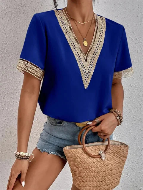 Elegant Short Sleeve Lace V-Neck Blouse
