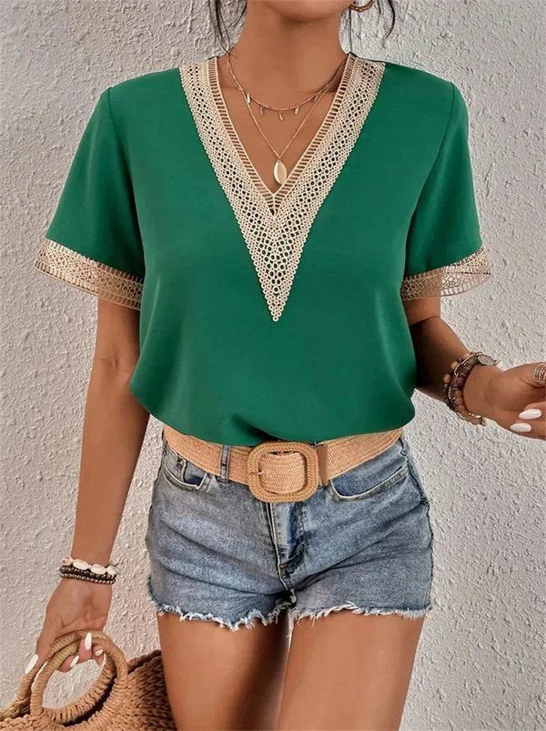 Elegant Short Sleeve Lace V-Neck Blouse