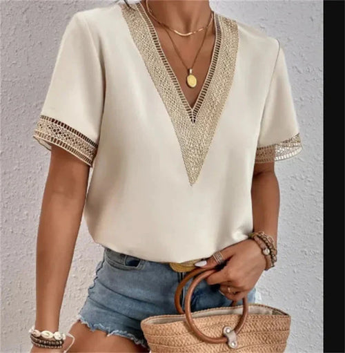 Elegant Short Sleeve Lace V-Neck Blouse