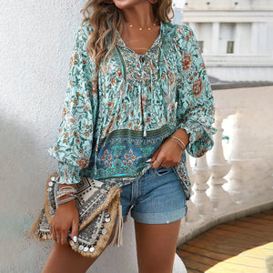 Stylish Floral Tie-Front Blouse Lightweight Breathable Women’s Long Sleeve Top