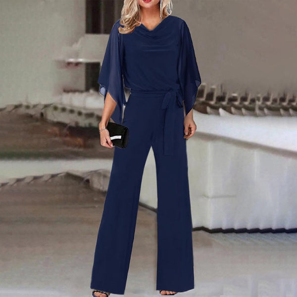 Women's Elegant Draped Neck Jumpsuit with Chiffon Cape Sleeves