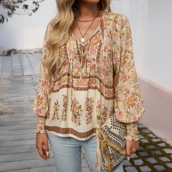 Stylish Floral Tie-Front Blouse Lightweight Breathable Women’s Long Sleeve Top
