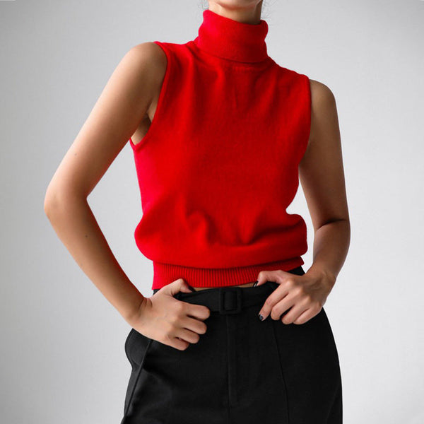 Women's Sleeveless Turtleneck Knit Top with Slim-Fit