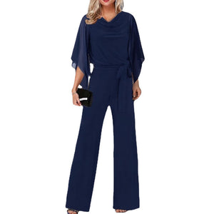 Women's Elegant Draped Neck Jumpsuit with Chiffon Cape Sleeves