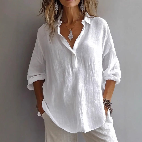 Women's Relaxed Collared Blouse with V-Neck