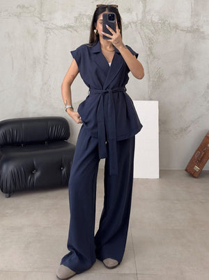 Conjunto de chaleco con cinturón para mujer y pantalones de pierna ancha