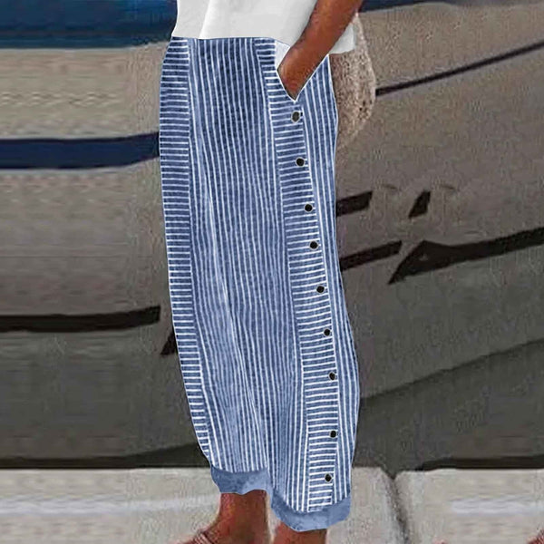 Women's Coastal Stripe Button-Detail Relaxed Pants