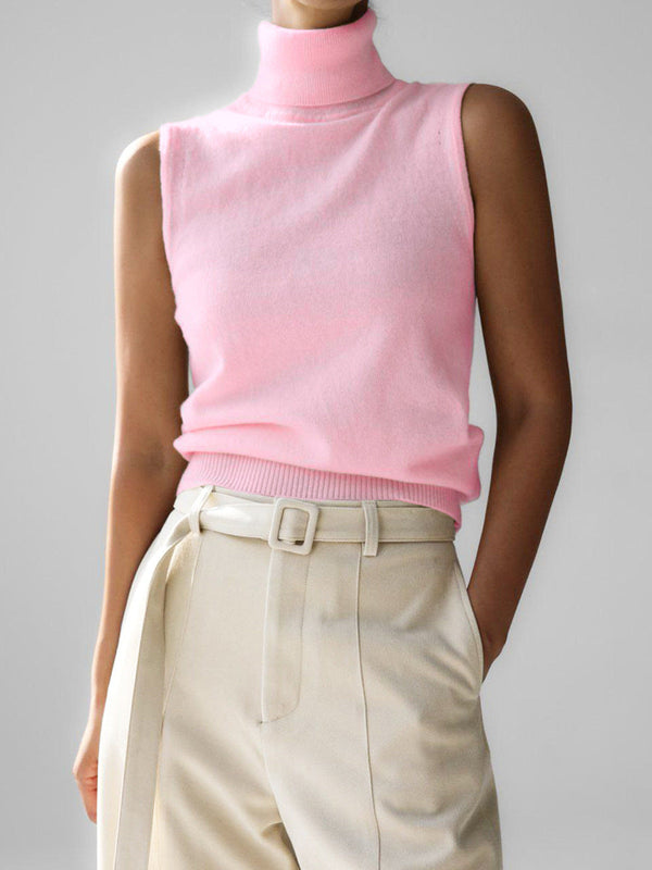 Women's Sleeveless Turtleneck Knit Top with Slim-Fit