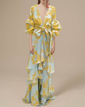 Women's Floral Wrap Maxi Dress with Ruffle Details