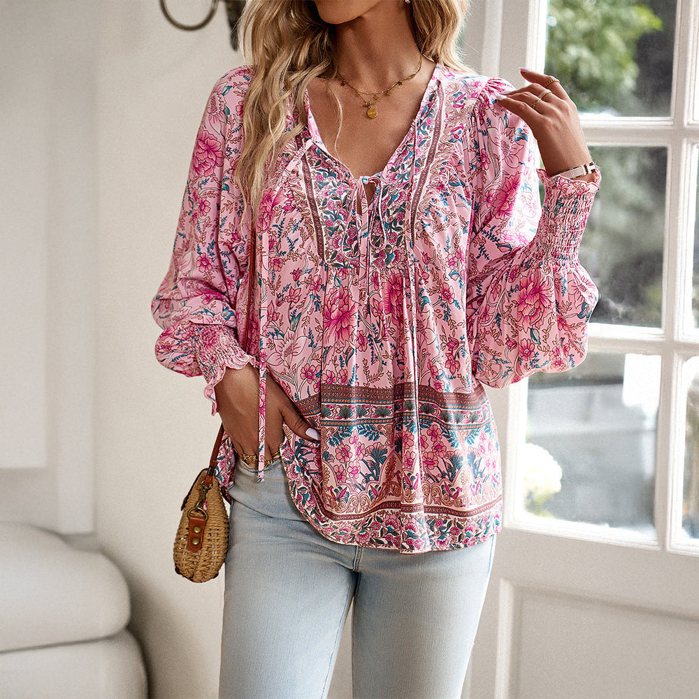 Stylish Floral Tie-Front Blouse Lightweight Breathable Women’s Long Sleeve Top
