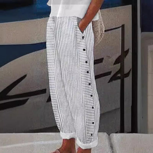Women's Coastal Stripe Button-Detail Relaxed Pants