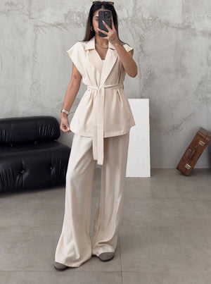 Conjunto de chaleco con cinturón para mujer y pantalones de pierna ancha