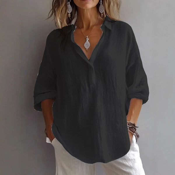 Women's Relaxed Collared Blouse with V-Neck