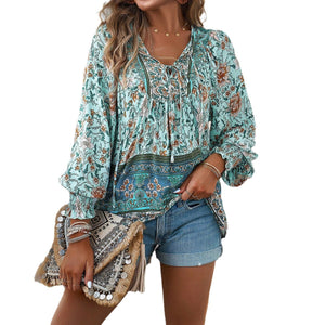 Stylish Floral Tie-Front Blouse Lightweight Breathable Women’s Long Sleeve Top