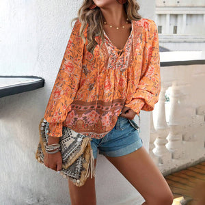 Stylish Floral Tie-Front Blouse Lightweight Breathable Women’s Long Sleeve Top