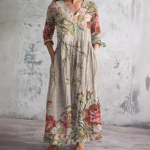 Women's Boho Floral Print V-Neck Maxi Dress