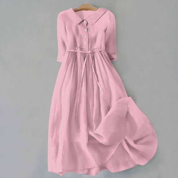 Women’s Button Front Tie Waist Flowy Midi Dress